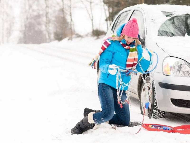 Snow chains if there is a layer of snow or ice on the road